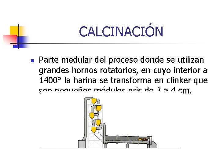 CALCINACIÓN n Parte medular del proceso donde se utilizan grandes hornos rotatorios, en cuyo CALCINACIÓN n Parte medular del proceso donde se utilizan grandes hornos rotatorios, en cuyo