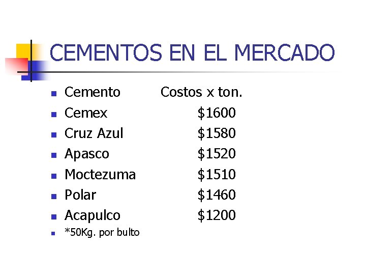 CEMENTOS EN EL MERCADO n Cemento Cemex Cruz Azul Apasco Moctezuma Polar Acapulco n CEMENTOS EN EL MERCADO n Cemento Cemex Cruz Azul Apasco Moctezuma Polar Acapulco n