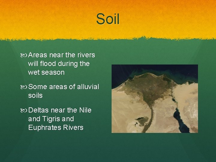 Soil Areas near the rivers will flood during the wet season Some areas of