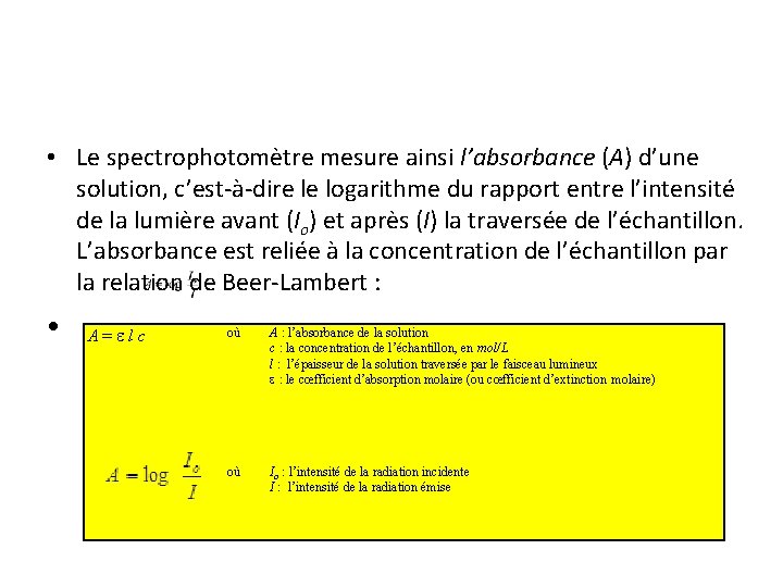 • Le spectrophotomètre mesure ainsi l’absorbance (A) d’une solution, c’est-à-dire le logarithme du • Le spectrophotomètre mesure ainsi l’absorbance (A) d’une solution, c’est-à-dire le logarithme du