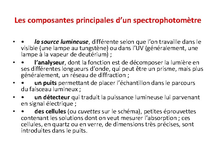 Les composantes principales d’un spectrophotomètre • • la source lumineuse, différente selon que l’on Les composantes principales d’un spectrophotomètre • • la source lumineuse, différente selon que l’on