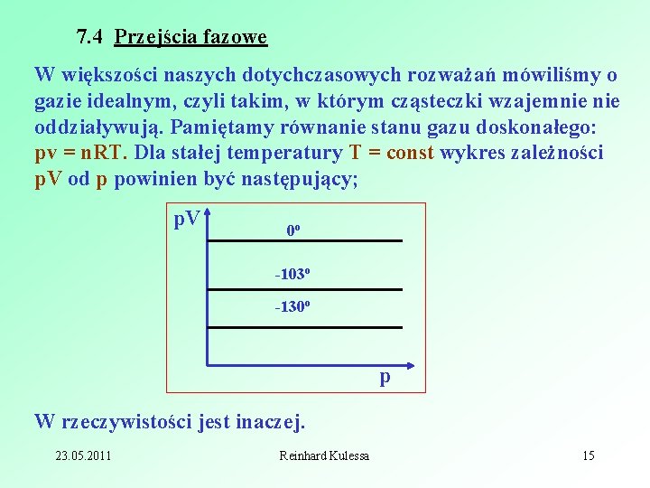 7. 4 Przejścia fazowe W większości naszych dotychczasowych rozważań mówiliśmy o gazie idealnym, czyli