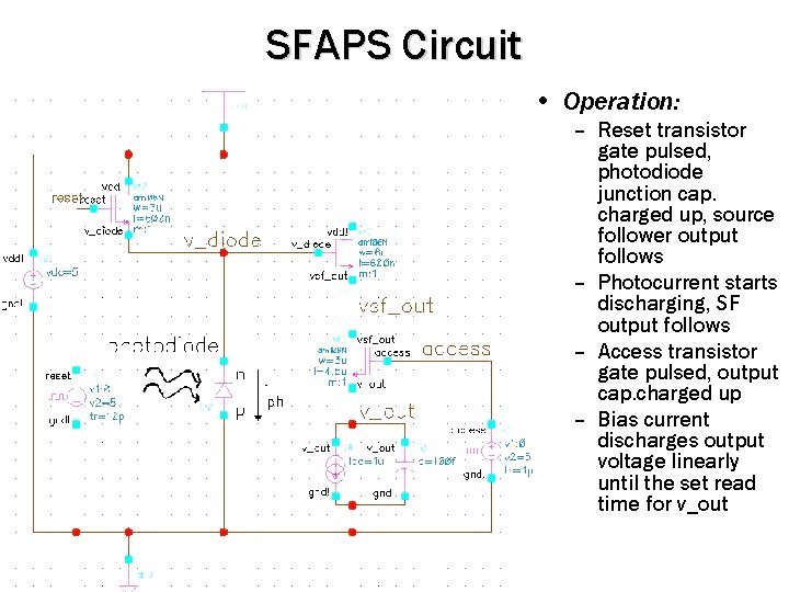 SFAPS Circuit • Operation: – Reset transistor gate pulsed, photodiode junction cap. charged up,