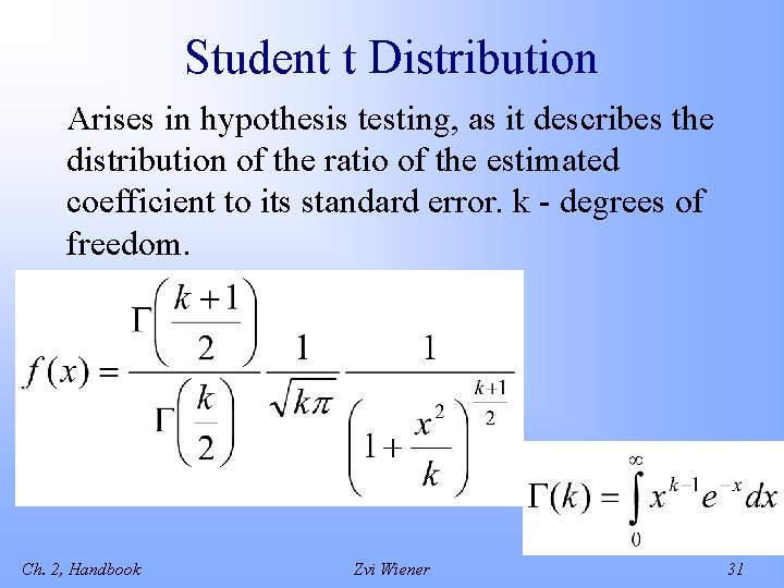 Student t Distribution Arises in hypothesis testing, as it describes the distribution of the