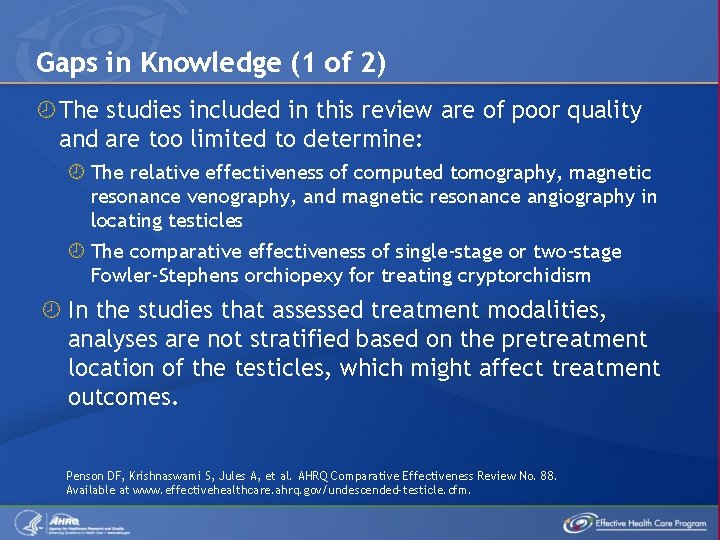 Gaps in Knowledge (1 of 2) The studies included in this review are of