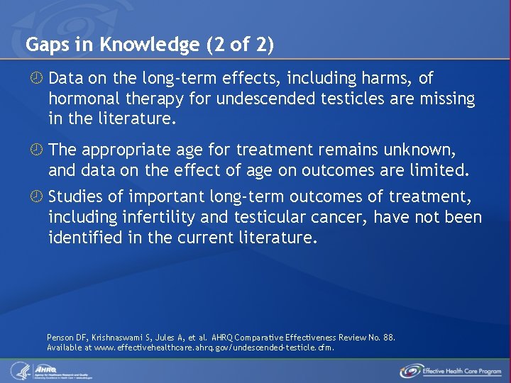 Gaps in Knowledge (2 of 2) Data on the long-term effects, including harms, of