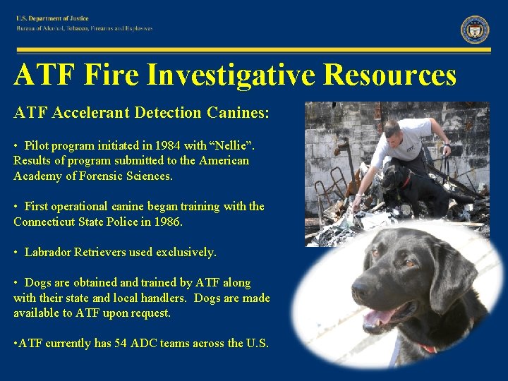 ATF Fire Investigative Resources ATF Accelerant Detection Canines: • Pilot program initiated in 1984