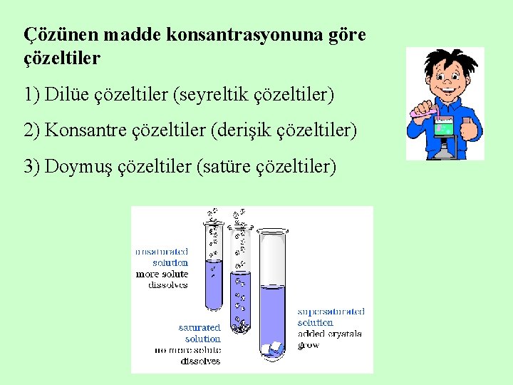 Çözünen madde konsantrasyonuna göre çözeltiler 1) Dilüe çözeltiler (seyreltik çözeltiler) 2) Konsantre çözeltiler (derişik