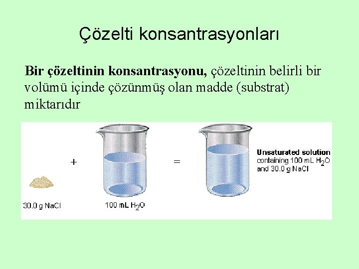 Çözelti konsantrasyonları Bir çözeltinin konsantrasyonu, çözeltinin belirli bir volümü içinde çözünmüş olan madde (substrat)