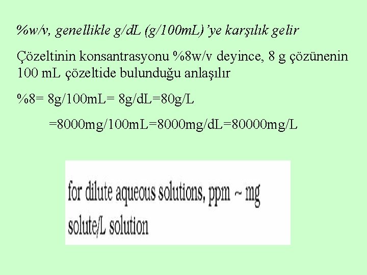 %w/v, genellikle g/d. L (g/100 m. L)’ye karşılık gelir Çözeltinin konsantrasyonu %8 w/v deyince,