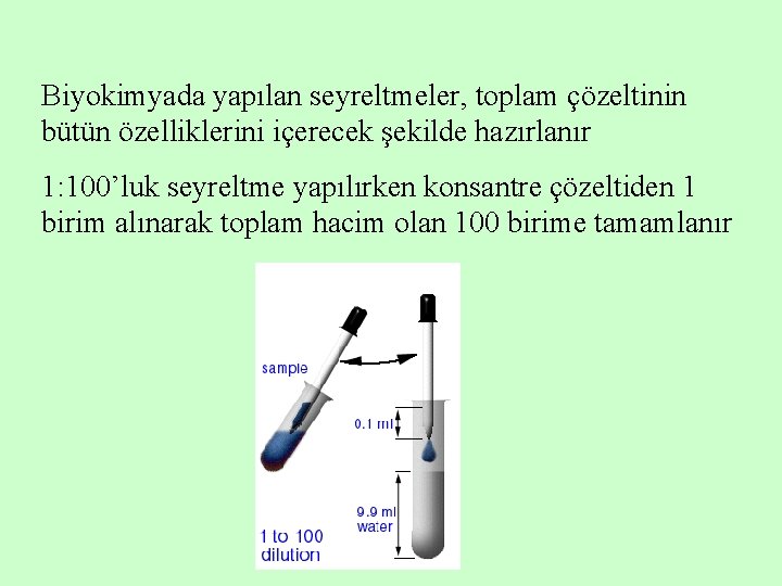 Biyokimyada yapılan seyreltmeler, toplam çözeltinin bütün özelliklerini içerecek şekilde hazırlanır 1: 100’luk seyreltme yapılırken