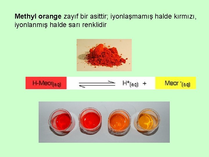 Methyl orange zayıf bir asittir; iyonlaşmamış halde kırmızı, iyonlanmış halde sarı renklidir 