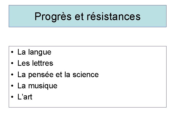 Progrès et résistances • • • La langue Les lettres La pensée et la