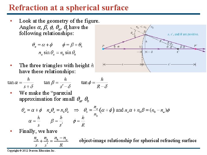 Refraction at a spherical surface • Look at the geometry of the figure. Angles