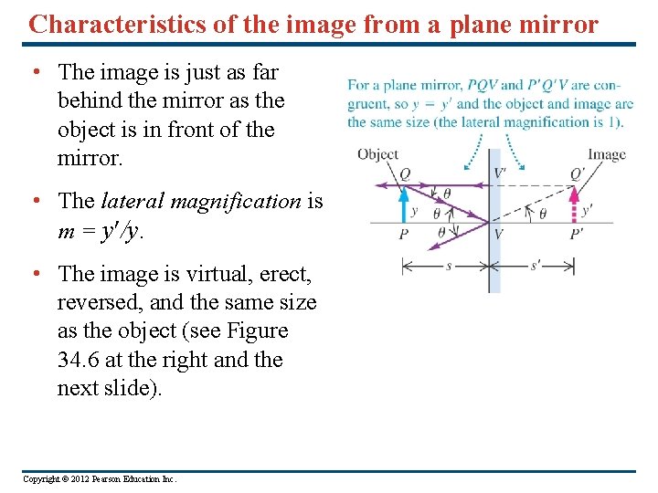 Characteristics of the image from a plane mirror • The image is just as