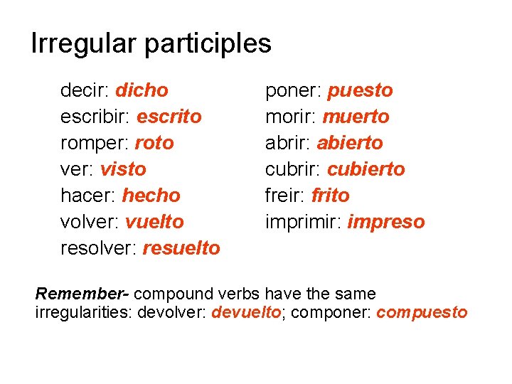 Irregular participles decir: dicho escribir: escrito romper: roto ver: visto hacer: hecho volver: vuelto