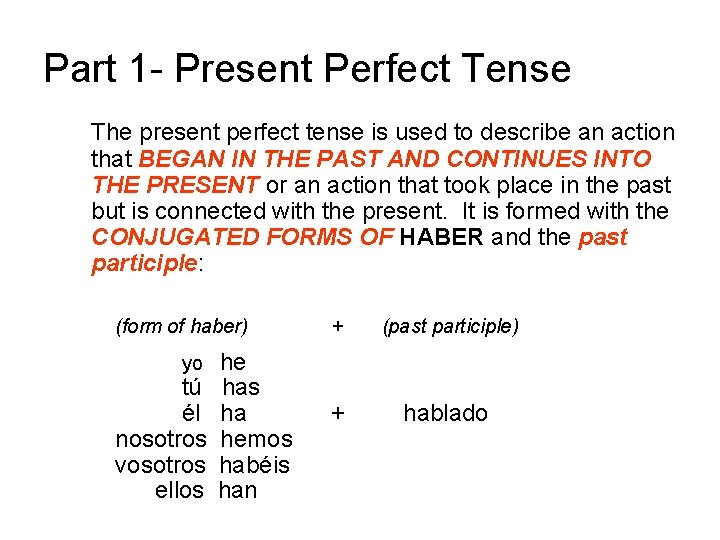 Part 1 - Present Perfect Tense The present perfect tense is used to describe