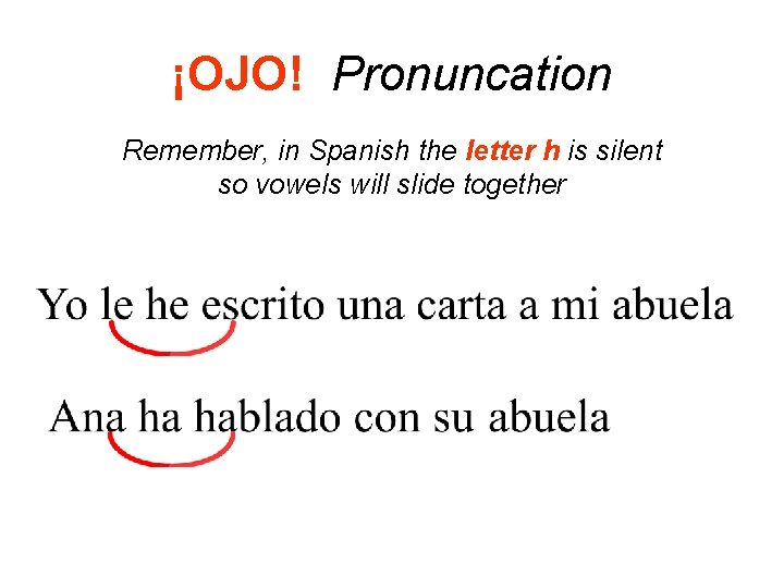 ¡OJO! Pronuncation Remember, in Spanish the letter h is silent so vowels will slide