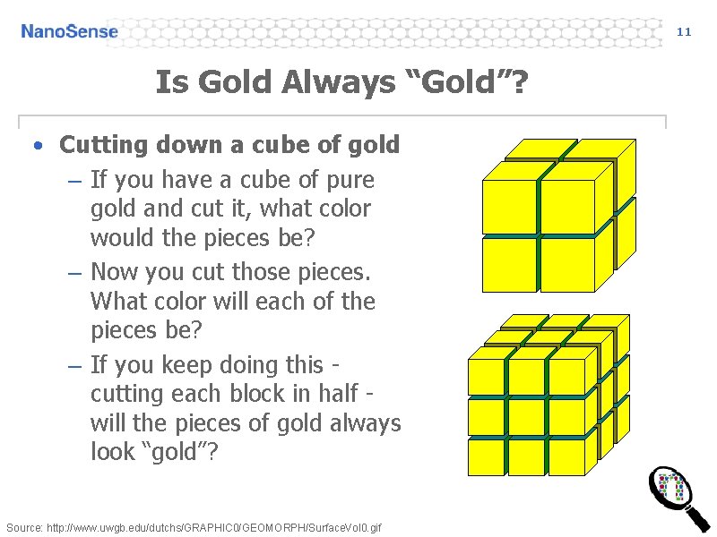 11 Is Gold Always “Gold”? • Cutting down a cube of gold – If