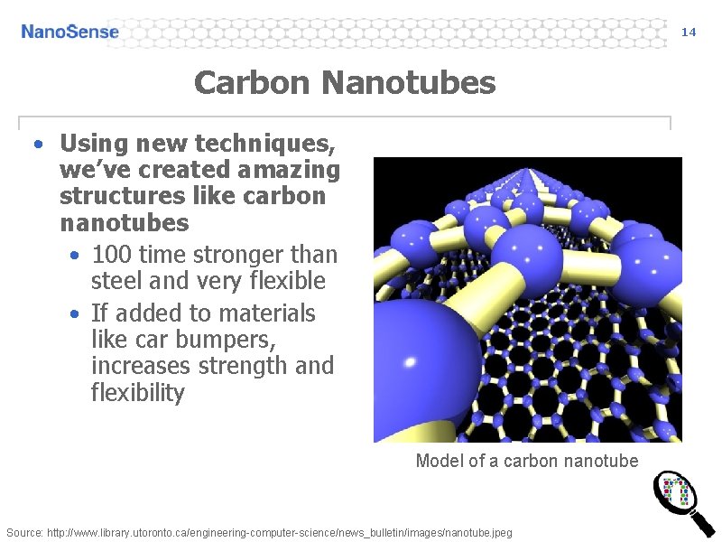 14 Carbon Nanotubes • Using new techniques, we’ve created amazing structures like carbon nanotubes
