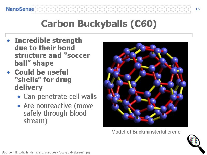 15 Carbon Buckyballs (C 60) • Incredible strength due to their bond structure and