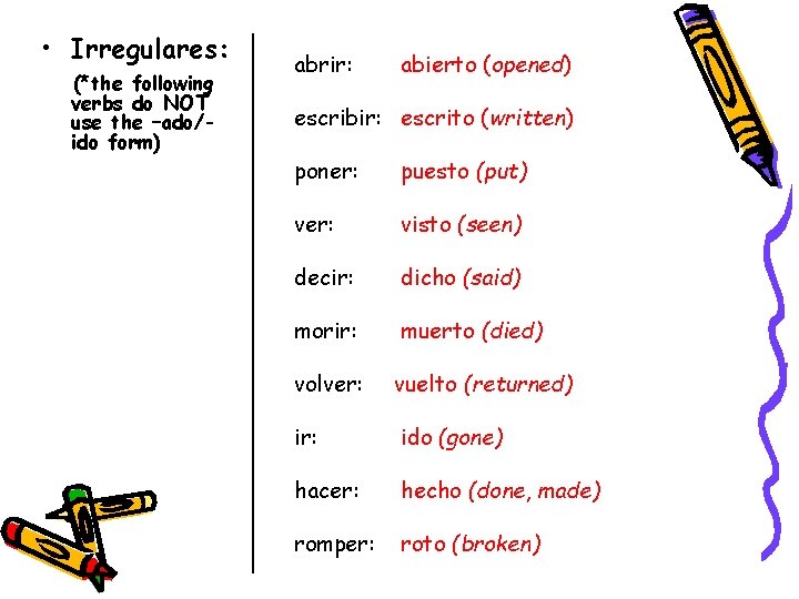  • Irregulares: (*the following verbs do NOT use the –ado/ido form) abrir: abierto