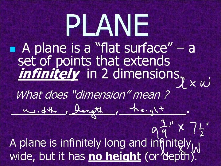 PLANE n A plane is a “flat surface” – a set of points that