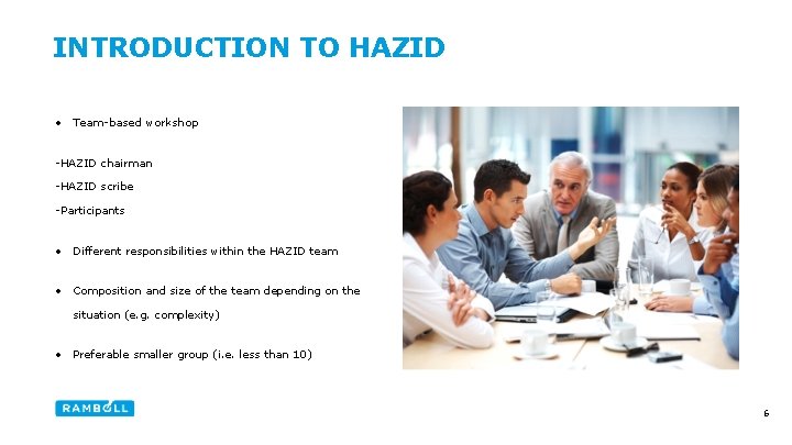 INTRODUCTION TO HAZID • Team-based workshop -HAZID chairman -HAZID scribe -Participants • Different responsibilities