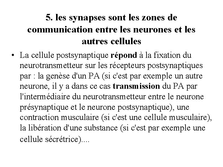 5. les synapses sont les zones de communication entre les neurones et les autres