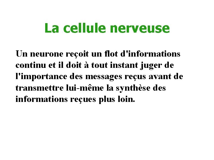 La cellule nerveuse Un neurone reçoit un flot d'informations continu et il doit à