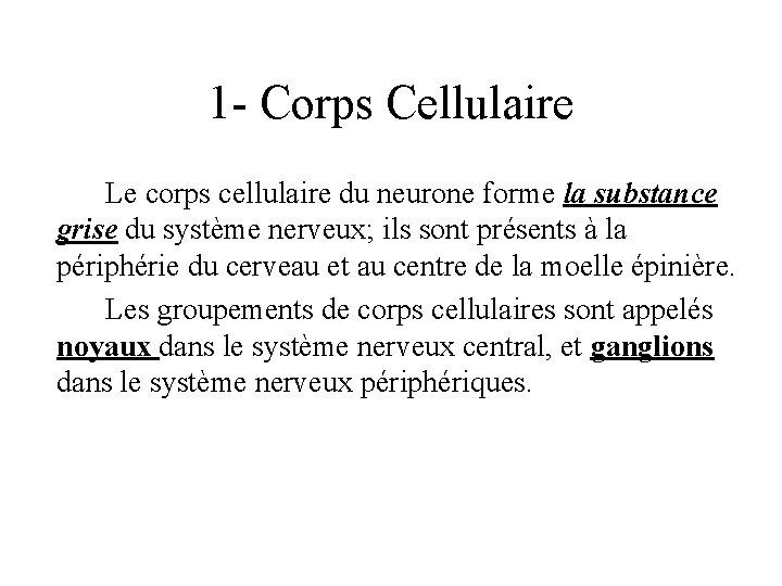 1 - Corps Cellulaire Le corps cellulaire du neurone forme la substance grise du