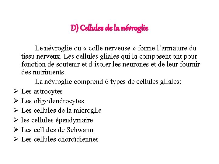 D) Cellules de la névroglie Ø Ø Ø Le névroglie ou « colle nerveuse