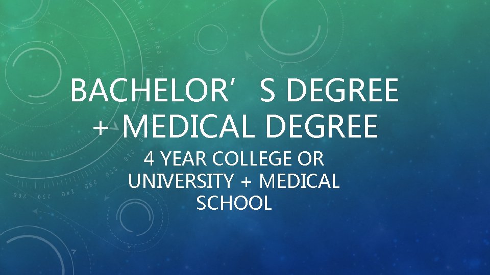 BACHELOR’S DEGREE + MEDICAL DEGREE 4 YEAR COLLEGE OR UNIVERSITY + MEDICAL SCHOOL 