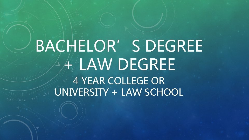 BACHELOR’S DEGREE + LAW DEGREE 4 YEAR COLLEGE OR UNIVERSITY + LAW SCHOOL 