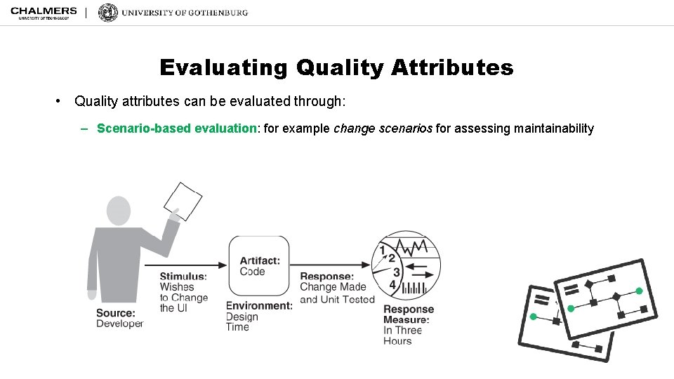 Evaluating Quality Attributes • Quality attributes can be evaluated through: – Scenario-based evaluation: for