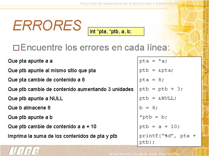 ERRORES � Encuentre int *pta, *ptb, a, b; los errores en cada línea: Que