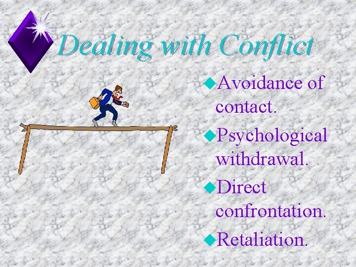 Dealing with Conflict u. Avoidance of contact. u. Psychological withdrawal. u. Direct confrontation. u.