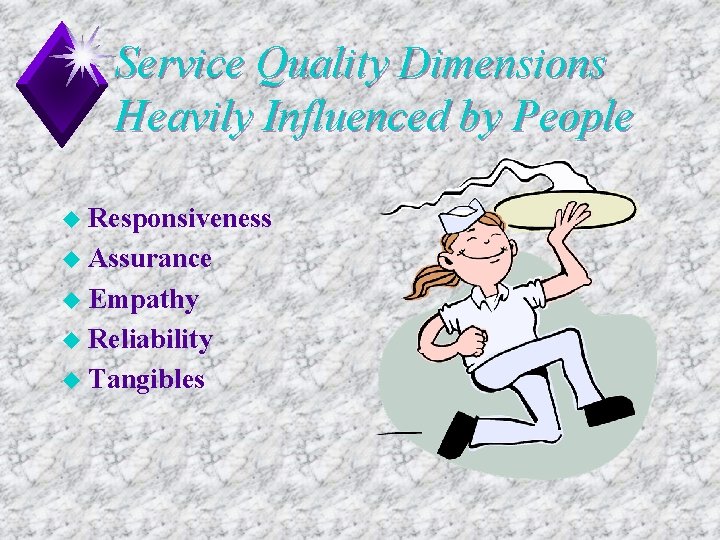 Service Quality Dimensions Heavily Influenced by People u Responsiveness u Assurance u Empathy u