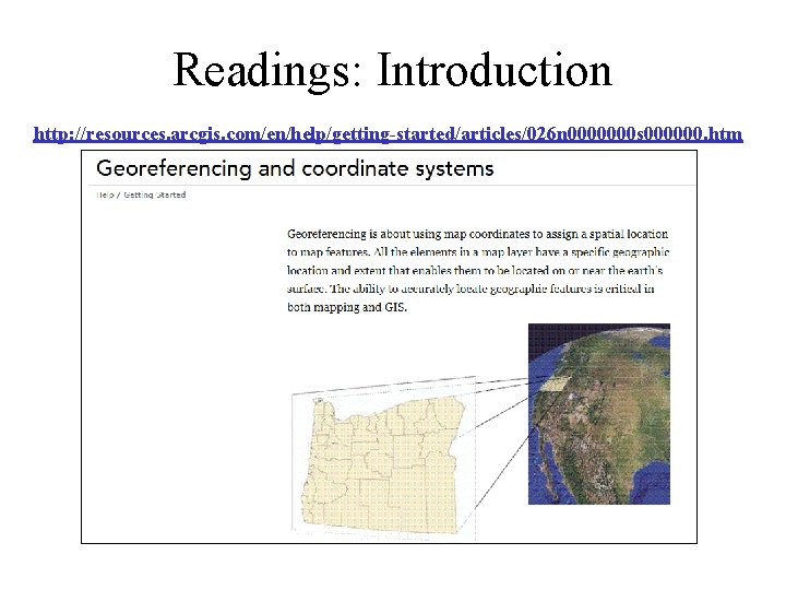 Readings: Introduction http: //resources. arcgis. com/en/help/getting-started/articles/026 n 0000000 s 000000. htm 