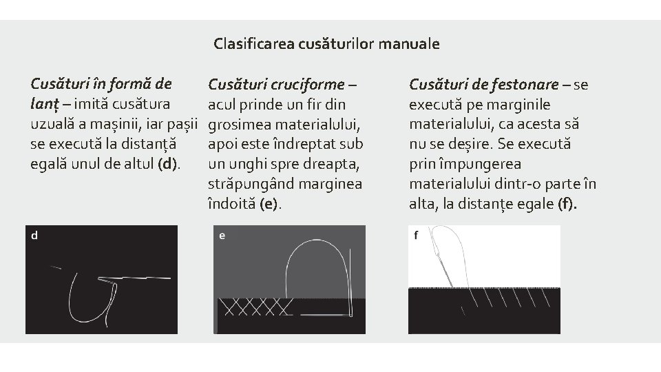 Clasificarea cusăturilor manuale Cusături în formă de lanţ – imită cusătura uzuală a mașinii, Clasificarea cusăturilor manuale Cusături în formă de lanţ – imită cusătura uzuală a mașinii,