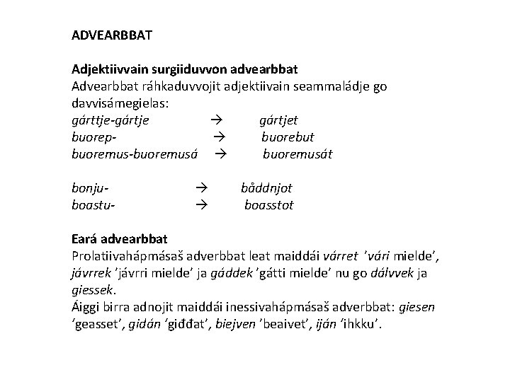 ADVEARBBAT Adjektiivvain surgiiduvvon advearbbat Advearbbat ráhkaduvvojit adjektiivain seammaládje go davvisámegielas: gárttje-gártje gártjet buorep- buorebut ADVEARBBAT Adjektiivvain surgiiduvvon advearbbat Advearbbat ráhkaduvvojit adjektiivain seammaládje go davvisámegielas: gárttje-gártje gártjet buorep- buorebut
