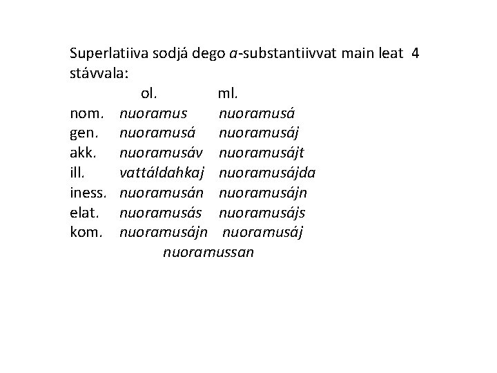 Superlatiiva sodjá dego a-substantiivvat main leat 4 stávvala: ol. ml. nom. nuoramusá gen. nuoramusáj