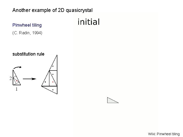 Another example of 2 D quasicrystal Pinwheel tiling (C. Radin, 1994) substitution rule Wiki: Another example of 2 D quasicrystal Pinwheel tiling (C. Radin, 1994) substitution rule Wiki: