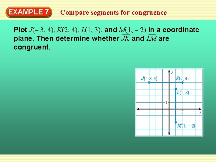 EXAMPLE 7 Compare segments for congruence Plot J(– 3, 4), K(2, 4), L(1, 3),