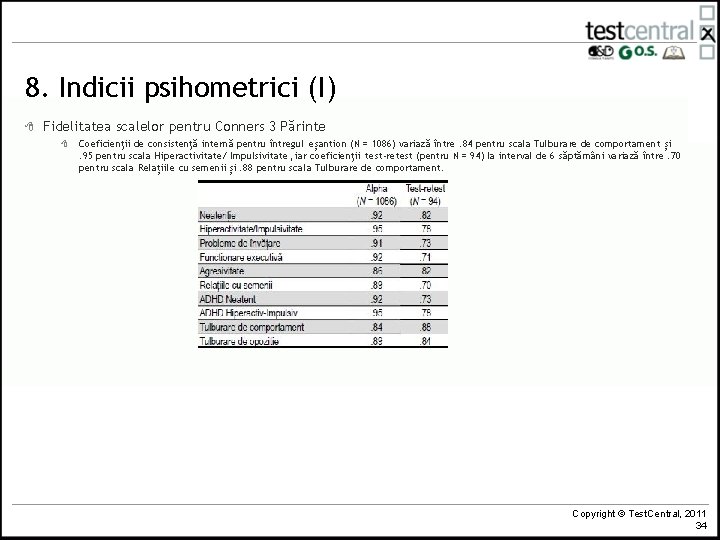 8. Indicii psihometrici (I) 8 Fidelitatea scalelor pentru Conners 3 Părinte 8 Coeficienţii de