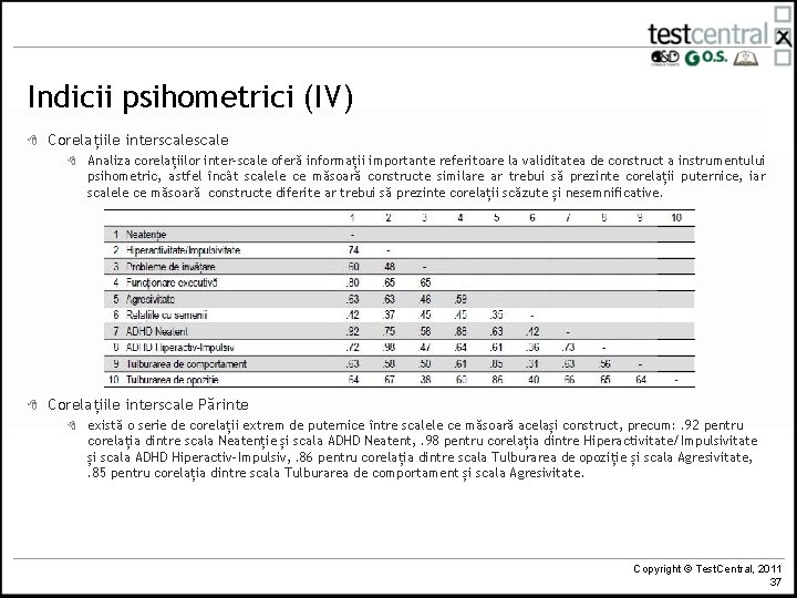 Indicii psihometrici (IV) 8 Corelațiile interscale 8 8 Analiza corelațiilor inter-scale oferă informații importante