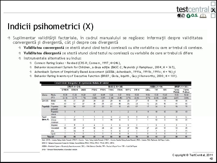 Indicii psihometrici (X) 8 Suplimentar validității factoriale, în cadrul manualului se regăsesc informații despre