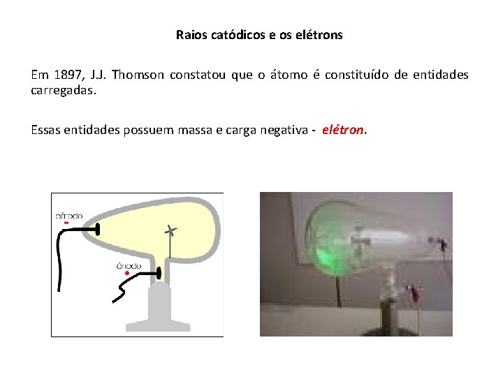 Raios catódicos elétrons Em 1897, J. J. Thomson constatou que o átomo é constituído