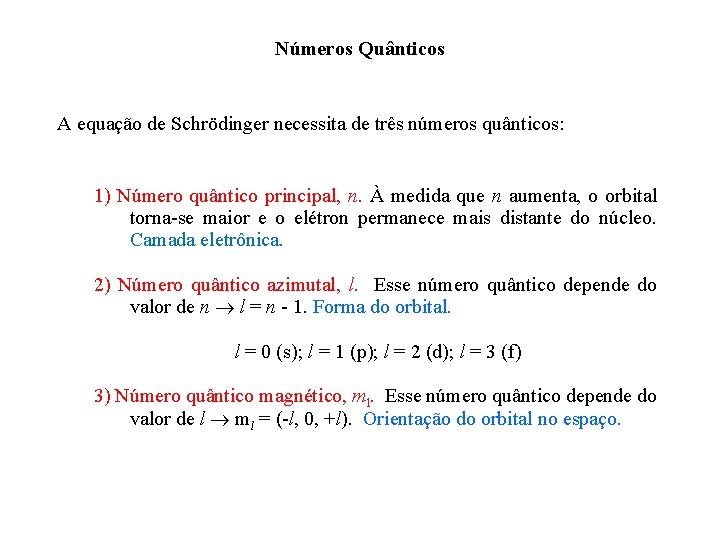 Números Quânticos A equação de Schrödinger necessita de três números quânticos: 1) Número quântico