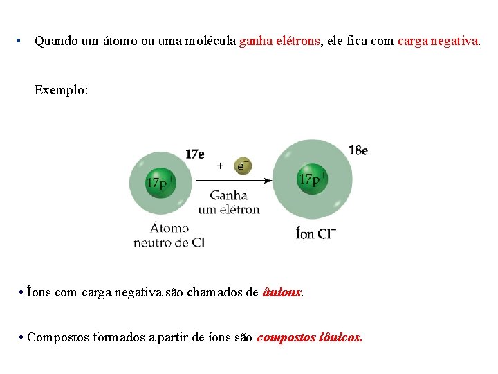  • Quando um átomo ou uma molécula ganha elétrons, ele fica com carga